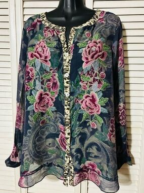 John Mark floral Embroidered Navy Sheer Button Front Blouse